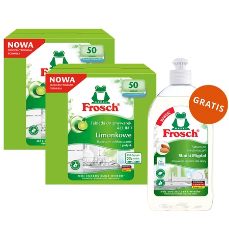 Frosch set, vaatwastabletten, All in One, limoen, 2 x 50 stuks + afwasmiddel, amandel, 500 ml gratis