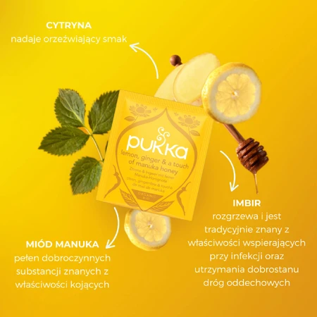 Pukka Lemon Ginger & Manuka Honey Organic, fruit- en kruidenthee, gember en citroen, gearomatiseerd, 2 g x 20 builtjes
