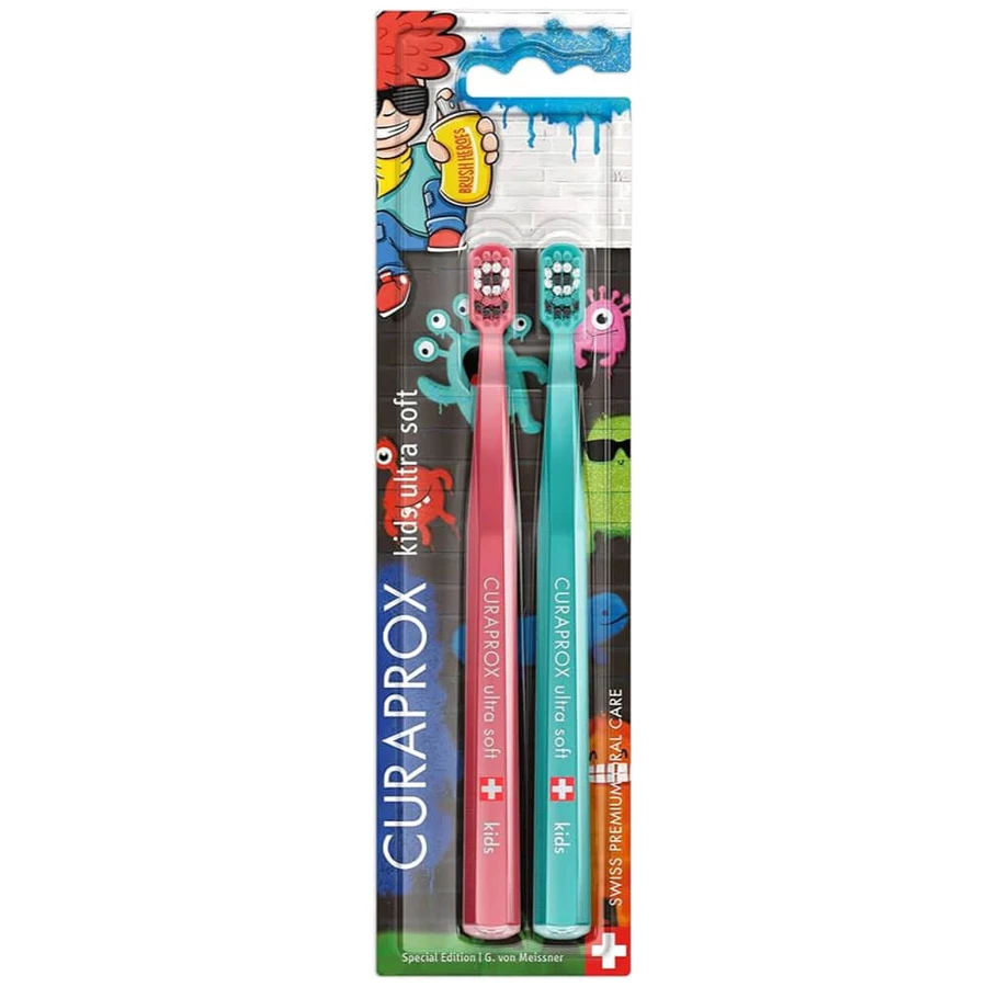 Curaprox Kids Duo Graffiti, Zahnbürste für Kinder 4-12 Jahre, Ultra Soft, 2 Stück