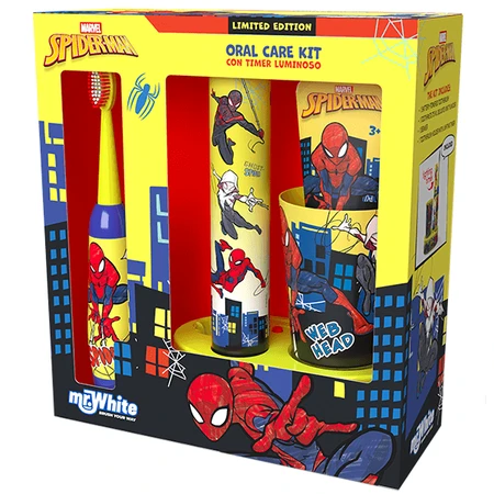 Mr White Spiderman, set de cepillado dental para niños, cepillo + pasta + vaso + base LED