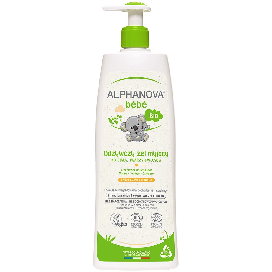 Alphanova Bebe, pflegendes Reinigungsgel für Körper, Gesicht und Haare Bio, trockene und atopische Haut, 500 ml