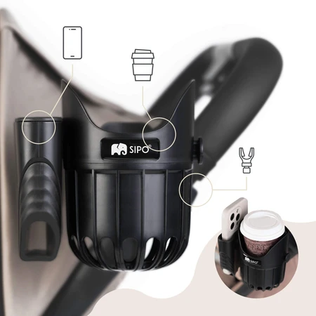 Sipo, universal cup and phone holder 2-in-1 for baby stroller, black, 1 piece