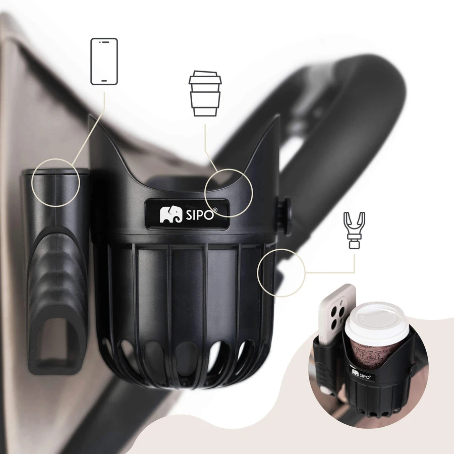 Sipo, universal cup and phone holder 2-in-1 for baby stroller, black, 1 piece