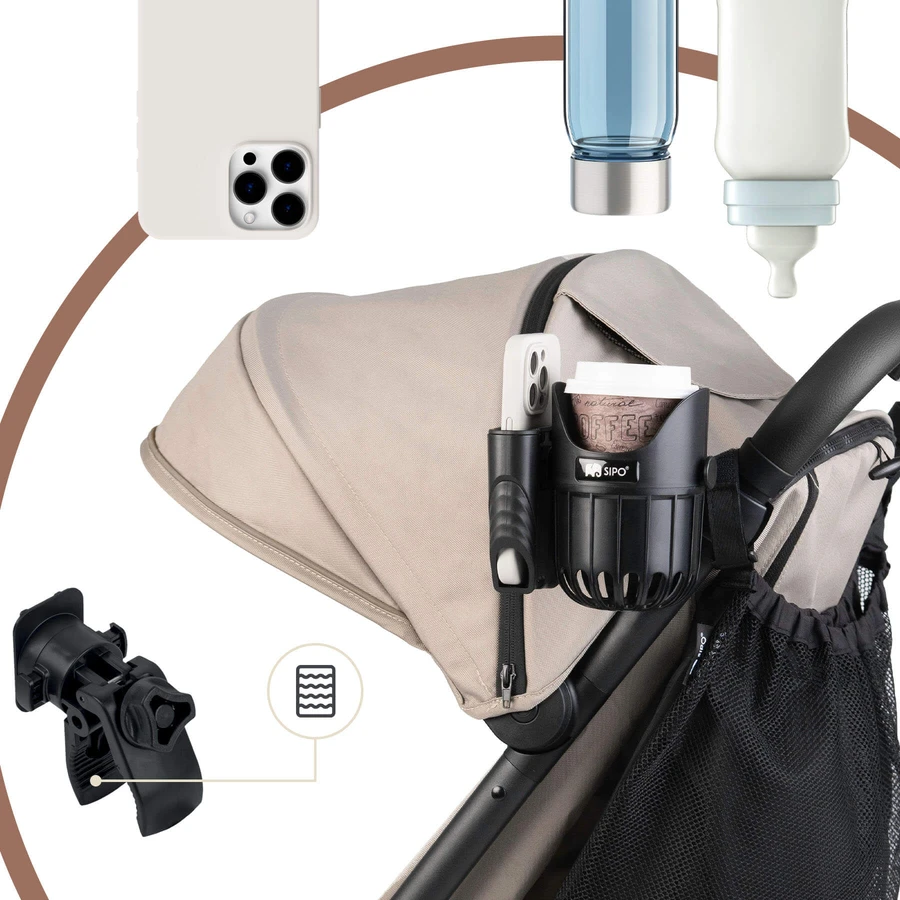 Sipo, universal cup and phone holder 2-in-1 for baby stroller, black, 1 piece