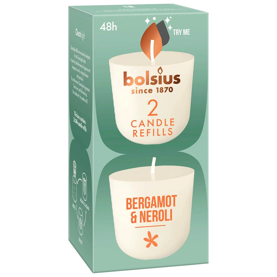 Bolsius Clean Light Bergamot & Neroli, navulling kaarsgeur, 20 h, 2 stuks