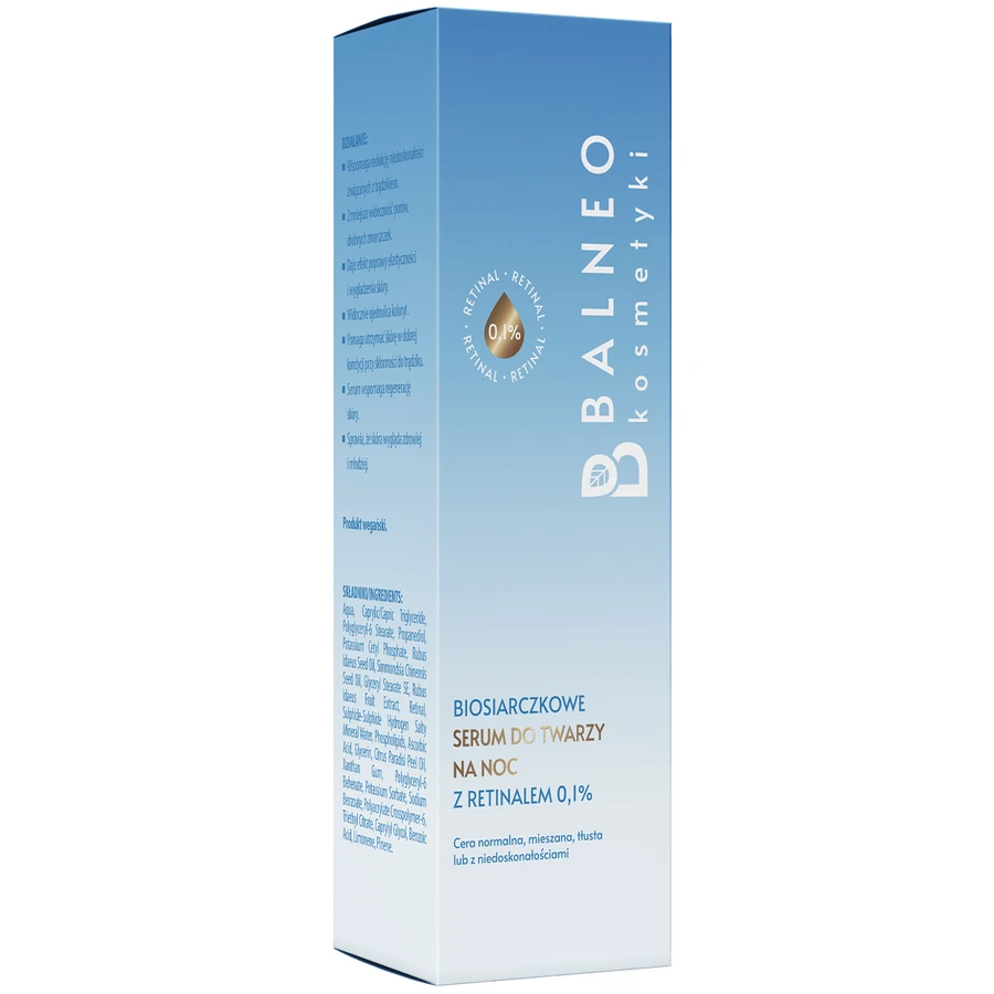 Balneocosmetics, biosulfide face serum with retinal 0.1% for night, 30 ml