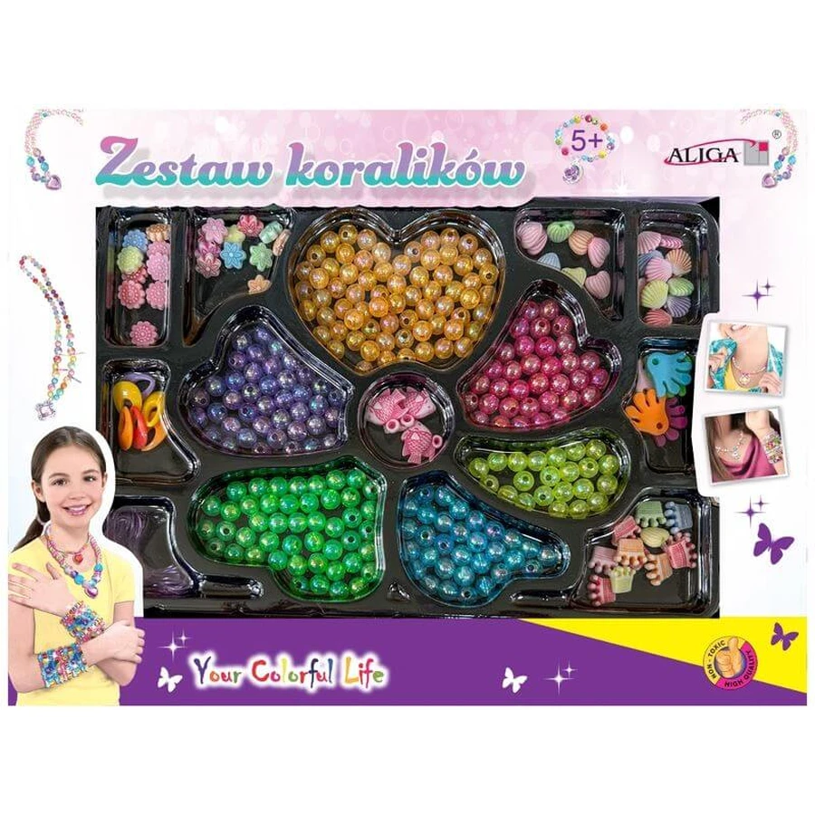 Set van kunststof kralen en vormen + 2 strengen 120 cm PJ-2036 Aliga