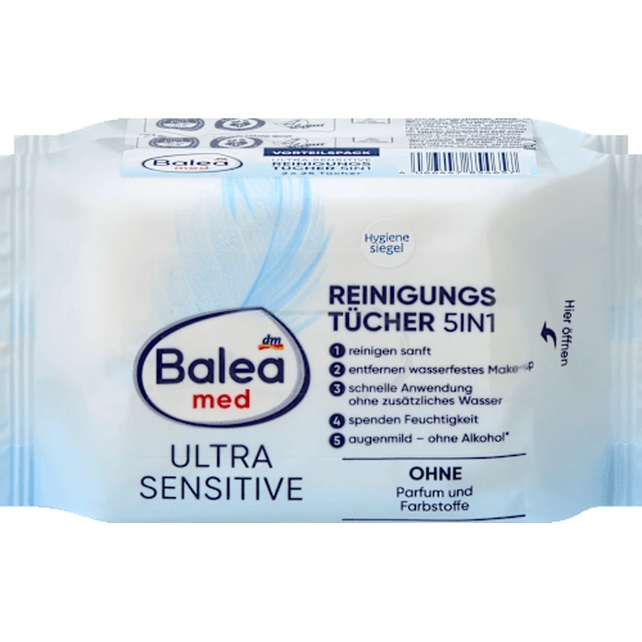 Balea Toallitas Limpiadoras Ultra Sensitive 5en1, 50 uds.