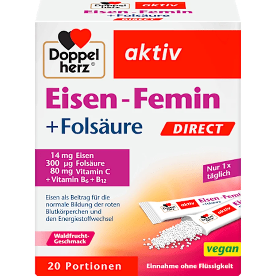 Doppelherz Aktiv hierro+ácido fólico directo, 20 piezas