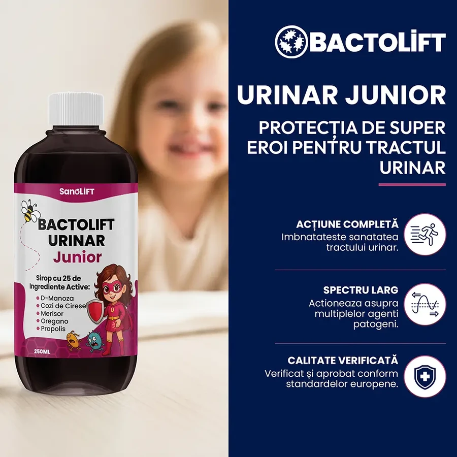 BactoLift Urinary Junior - Siroop tegen urine-infecties bij kinderen, complexe formule met 25 natuurlijke ingrediënten: D-Mnose, Cranberry en Propolis
