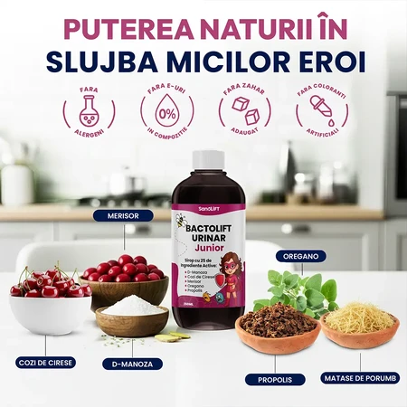 BactoLift Urinary Junior - Siroop tegen urine-infecties bij kinderen, complexe formule met 25 natuurlijke ingrediënten: D-Mnose, Cranberry en Propolis
