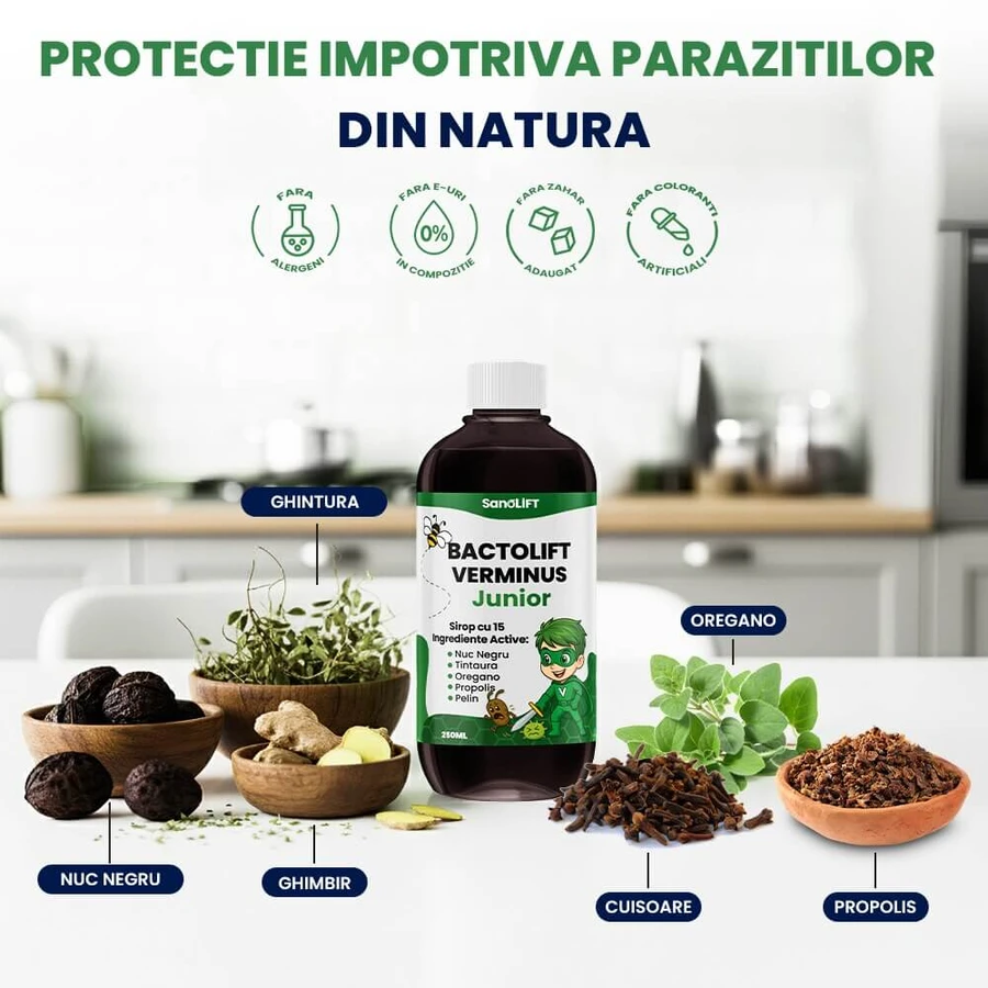 BactoLift Verminus Junior - Siroop voor intestinale parasieten bij kinderen - Bevordert de eliminatie van parasieten en verhoogt de immuniteit - 100% natuurlijk - 250 ml