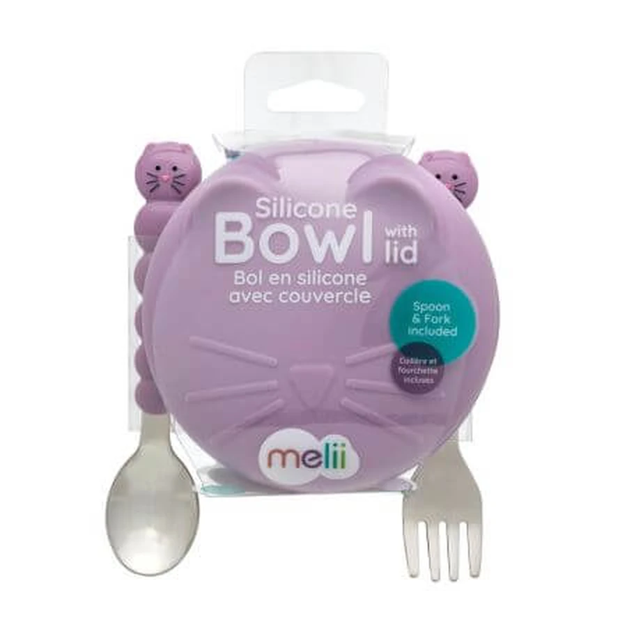 Silikonnapf mit Deckel und Besteck, Katze, Melii