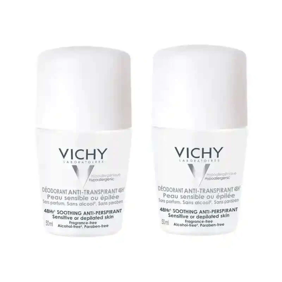 Vichy Desodorante Antitranspirante 48H Roll-On Pieles Sensibles, 2X50 Ml
