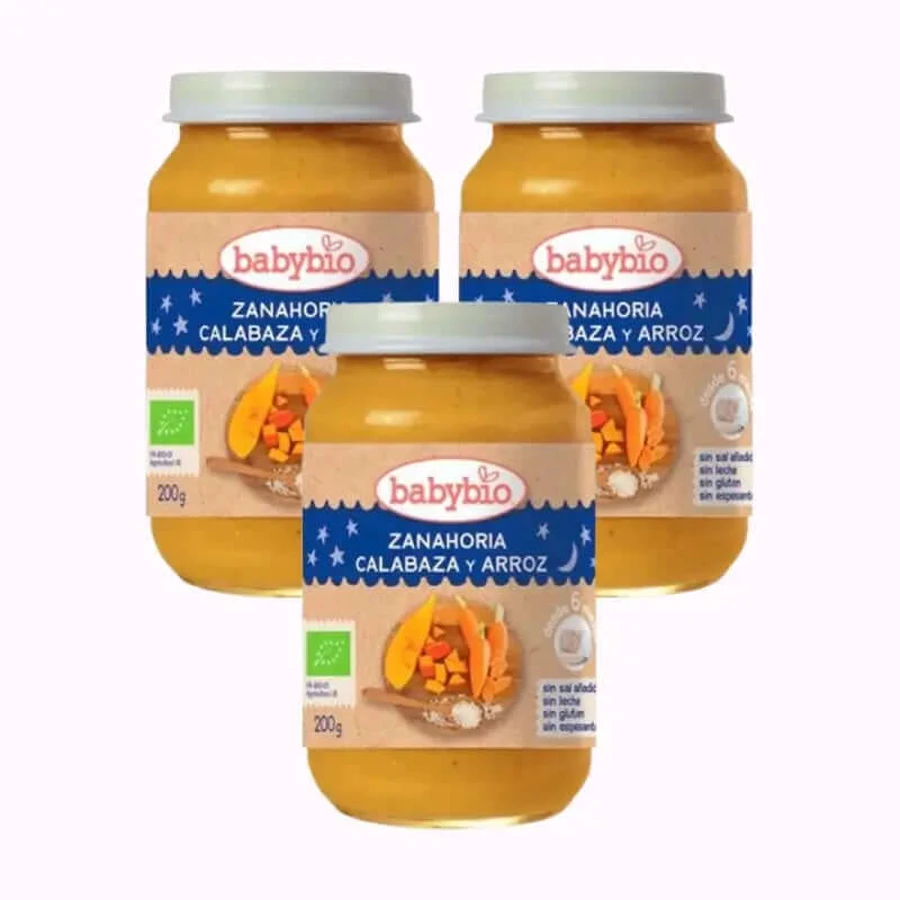 Babybio Goodnight Zanahoria-Calabaza-Arroz, envase 3 x 200 gramos