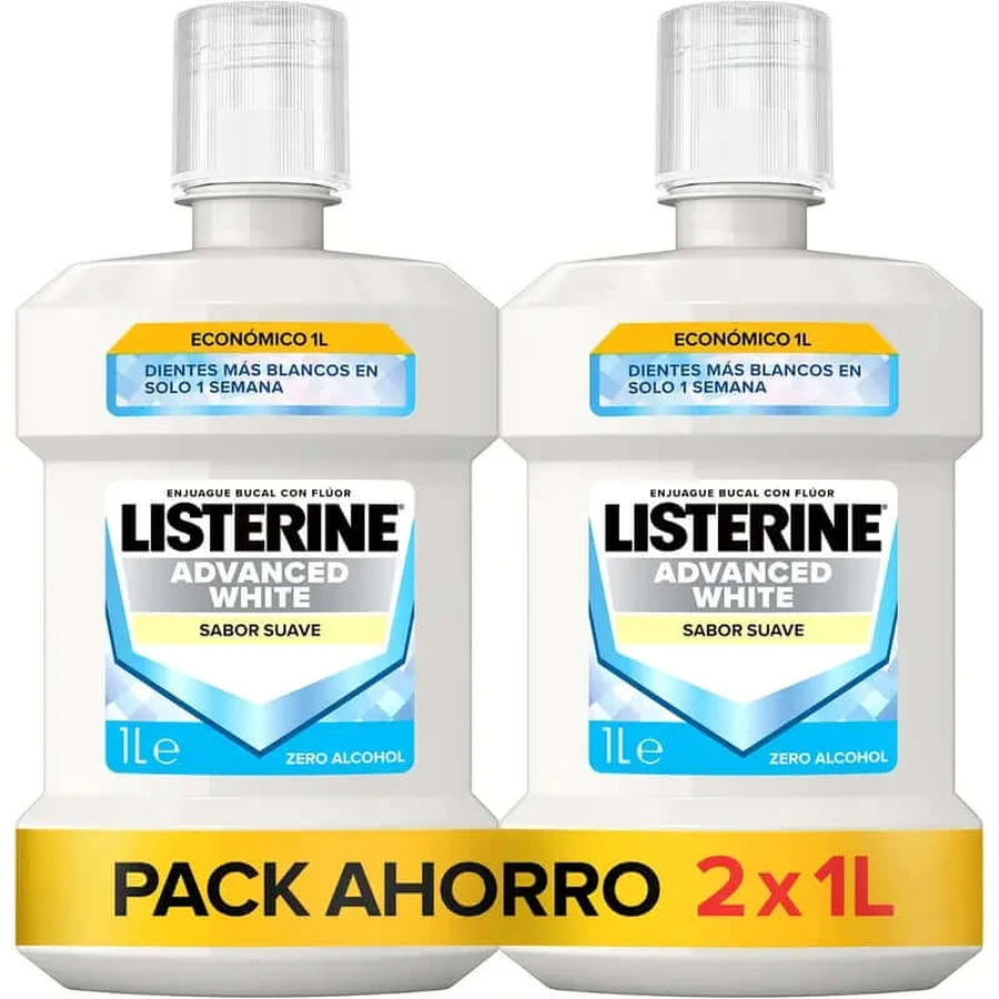 Listerine Mundwasser, Advanced White mit Bleichmittel, milder Minzgeschmack, alkoholfrei, Packung mit 2 X 1000ml