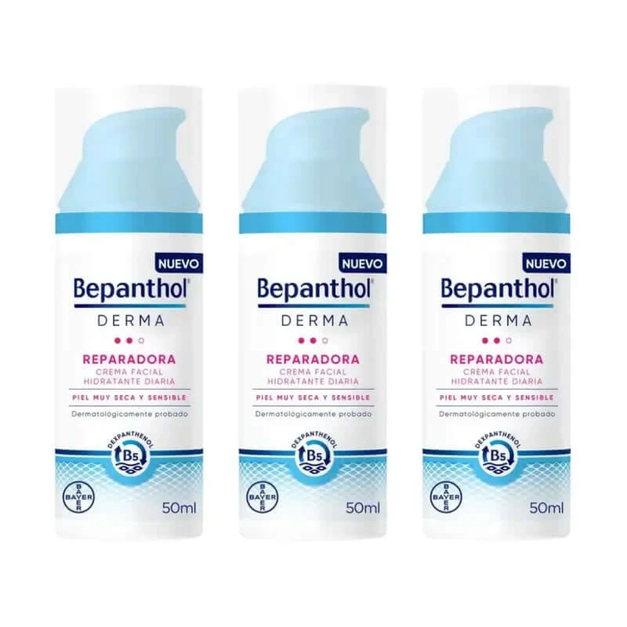 Bepanthol Derma Crema Facial Hidratante Diaria Reparadora, 3X50 Ml