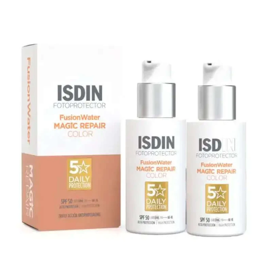 Fotoprotector Isdin Fusion Water Magic Color Reparador SPF 50, envase 2 x 50 ml