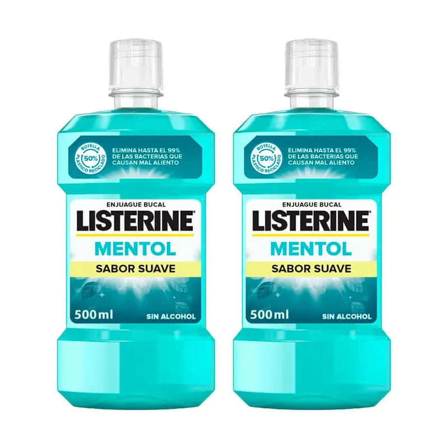 Listerine Duplo Colutorio, sabor mentol suave, sin alcohol, uso diario, 2 x 500Ml