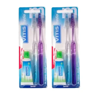 VITIS Medium Toothbrush + Anti-Caries Toothpaste Pack 2 x 15 ml