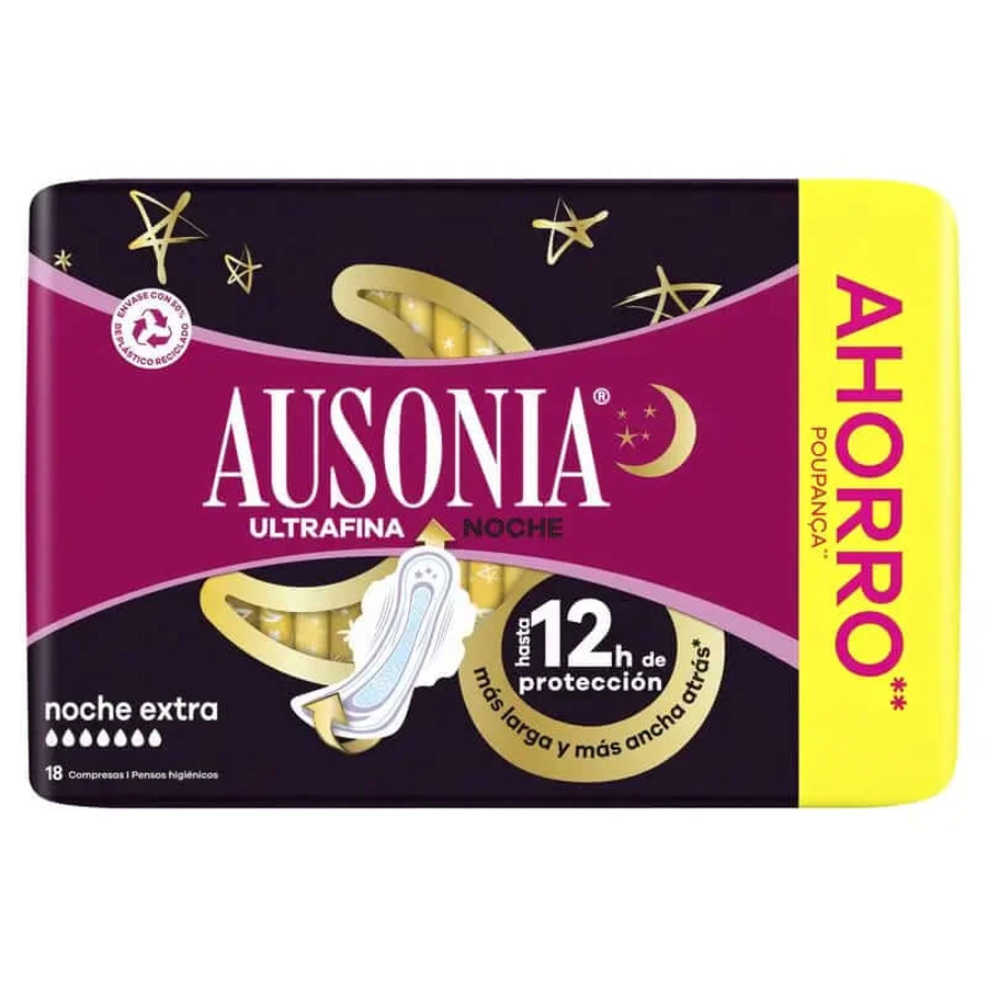 Ausonia Ultrafina Compresas Menstruales Nocturnas Extra con alas, 18 unidades