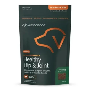 VETRISCIENCE Ultimate Strength Healthy Hip & Joint (Glycoflex Plus), M-XL, suplemento del sistema articular para perros, Pato, bolsa, 60 comprimidos masticables