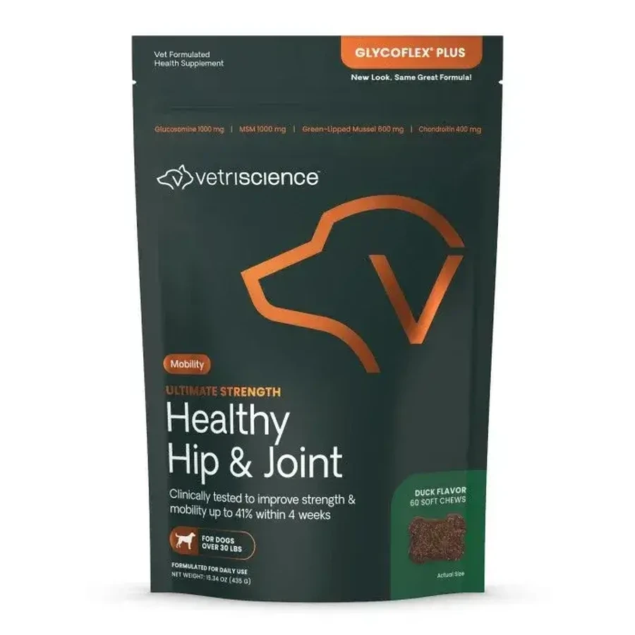 VETRISCIENCE Ultimate Strength Healthy Hip & Joint (Glycoflex Plus), M-XL, suplemento del sistema articular para perros, Pato, bolsa, 60 comprimidos masticables