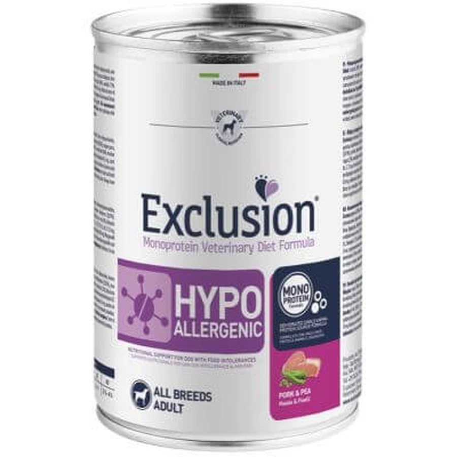 Exclus Exclusion Hypoallergene enkelvoudige proteïne hypoallergene veterinaire dieetformule varken en erwt alle rassen 400 g