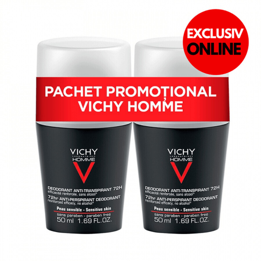 Deodorant roll-on antiperspirant extreme controle voor mannen 72h, 50 ml + 50 ml, Vichy Homme