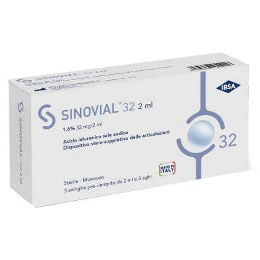 SINOVIAL intra-articulaire spuit 32 hyaluronzuur 1,6% 32 mg/2 ml 1 fs + 21 gauge naald 3 st.