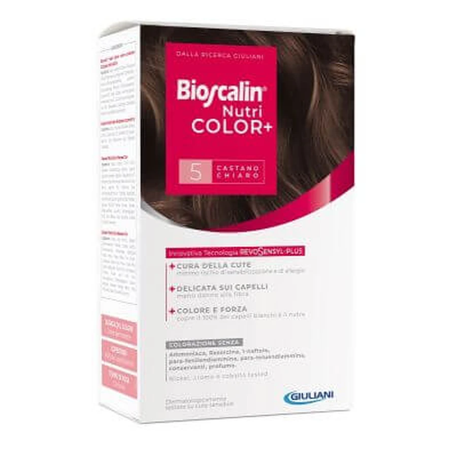 Bioscalin nutricolor plus 5 lichtbruine kleurcrème 40 ml + detectorcrème 60 ml + shampoo 12 ml + eindbehandelingsconditioner 12 ml