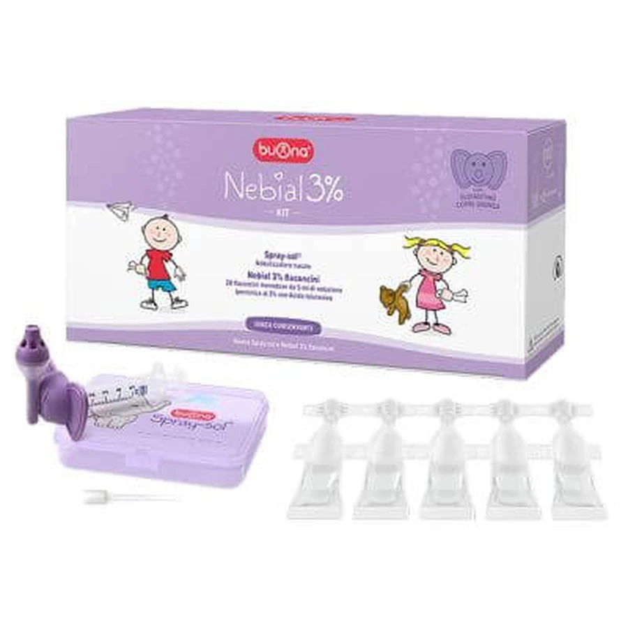 Nebial 3% Kit 20 Einzeldosis-Fläschchen 5ml hypertonische Lösung mit Hyaluronsäure + Spray-Sol Vernebler