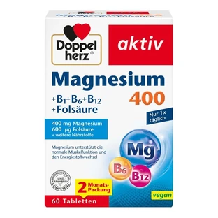 Double Heart Active Magnesium 400 mg + B1 + B6 + B12 + Folic Acid 60 Capsules