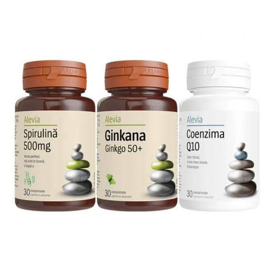 Comprar Pack Espirulina 500 mg, 30 comprimidos + Ginkana Ginkgo 50+, 30 comprimidos + Coenzima Q10, 30 comprimidos, Alevia Pack Espirulina 500 mg, 30 comprimidos + Ginkana Ginkgo 50+, 30 comprimidos + Coenzima Q10, 30 comprimidos, Alevia