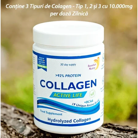 Hidrolizado de colágeno en polvo tipo 1, 2 y 3 Active Life con 10.000 mg, 300 g, Swedish Nutra