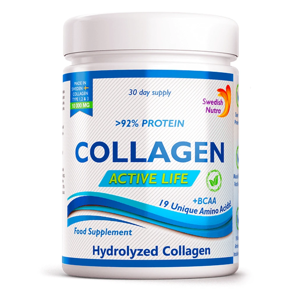 Hidrolizado de colágeno en polvo tipo 1, 2 y 3 Active Life con 10.000 mg, 300 g, Swedish Nutra