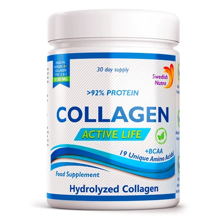 Hidrolizado de colágeno en polvo tipo 1, 2 y 3 Active Life con 10.000 mg, 300 g, Swedish Nutra