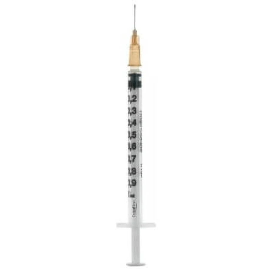 Extrafijne tub insulinespuit 1ml 100 ui verwijderbare naald 26 gauge 0,45x12 mm 1 stuk