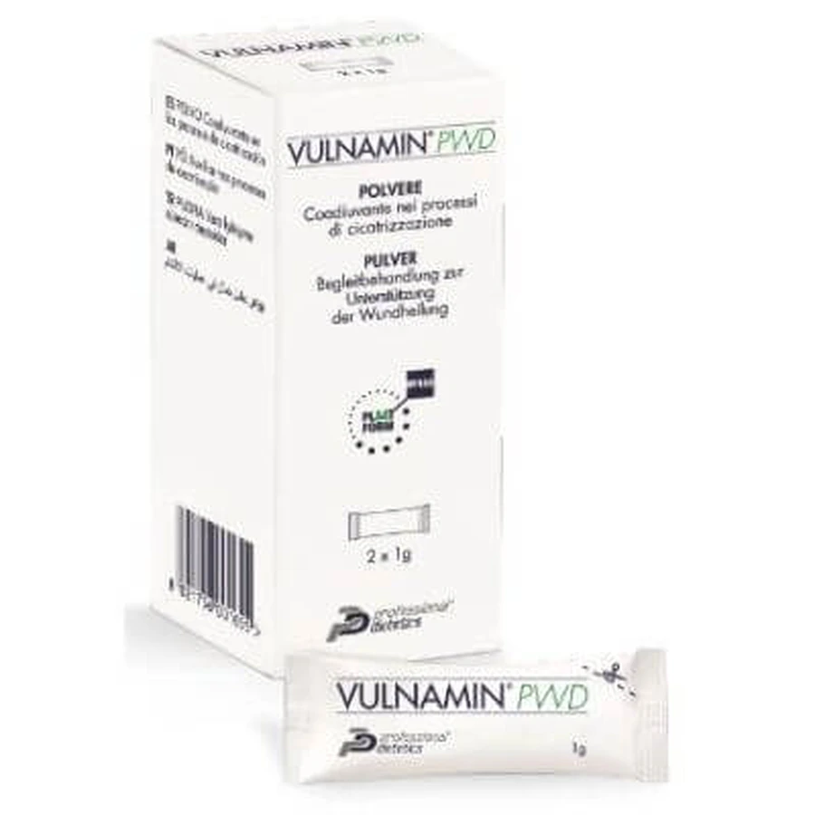 Vulnamin pwd interactive apósito en polvo de hialuronato sódico y aminoácidos envase de 2 sticks