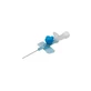 Aguja cánula bidireccional de acero inoxidable calibre 22 0,9x25mm con revestimiento externo de silicona, capuchón luer lock y solapas laterales color azul 50 unidades