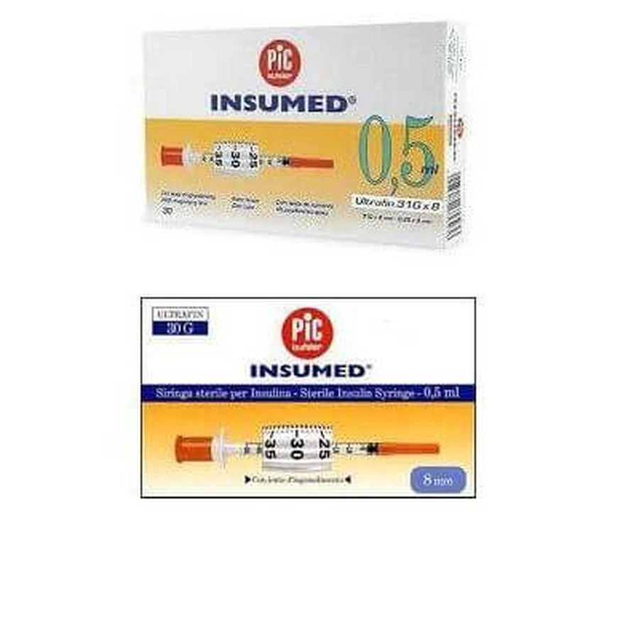 Pic jeringa insulina insumed 0,3 ml 100 ui espacio cero aguja 30 gauge 8 mm 3 bolsas de 10 piezas