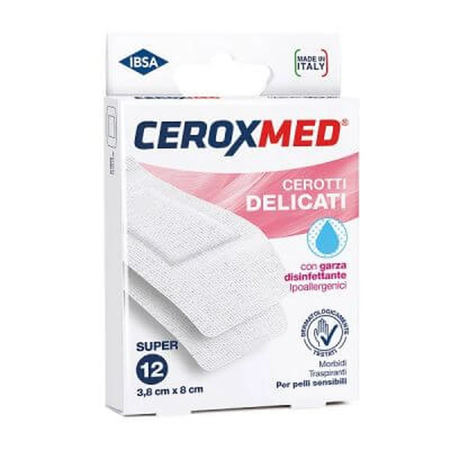 Ceroxmed zachte pleisters met hypoallergeen desinfecterend gaasje voor gevoelige huid super 3,8x8cm 12 stuks