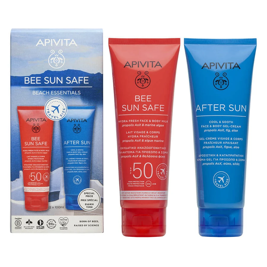 Apivita Bee Sun Safe Beach Essentials Leche facial y corporal Hydra Fresh SPF50 100ml & Gel-crema facial y corporal After Sun Cool & Sooth 100ml