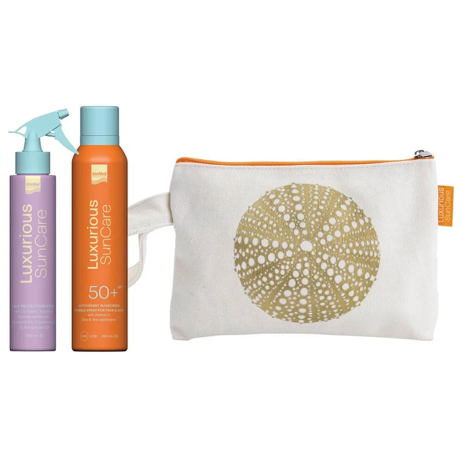 Pachet promoțional Luxurious SunCare cu Spray de protecție a părului 200ml, Spray de protecție solară antioxidant invizibil SPF50+ 200ml și cutie cadou