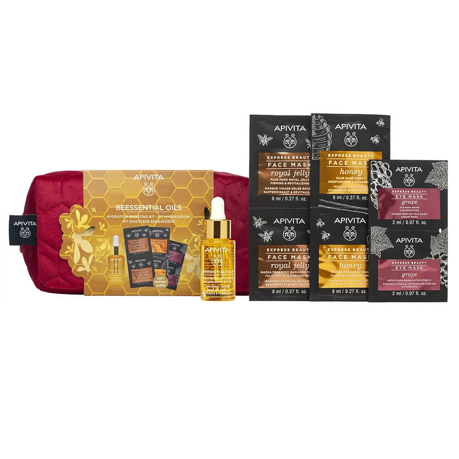 Apivita Promo Pack Beessential Oils Aceite de Día Fortalecedor e Hidratante 15ml & GRATIS Mascarilla Facial Miel 2x8ml, Mascarilla Facial Jalea Real 2x8ml & Mascarilla Ojos Uva2x8ml
