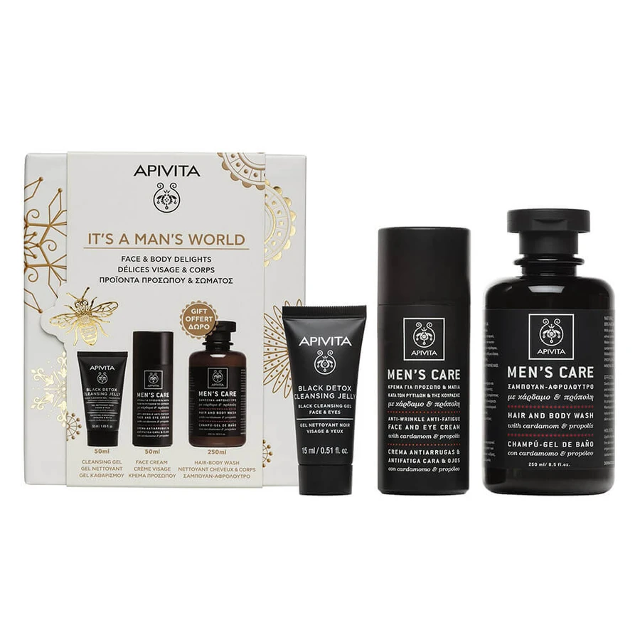 Apivita Promo Pack Men's Care Face Cream 50ml, Black Detox Cleansing Gel 50ml & FREE Men's Care Hair-Body Wash 250ml
