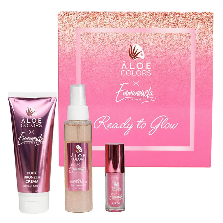 Aloe+ Colors Emmanouela Cosmetics Ready to Glow Set met Golden Body Bronzer Cream 100ml, Secret Glow & Glitter Spray 100ml & Lip Oil 10ml