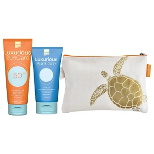 Luxuriöses SunCare Promo-Paket mit Sonnenschutz-Körpercreme SPF50 200ml, After Sun Face & Body 150ml & GRATIS Tasche