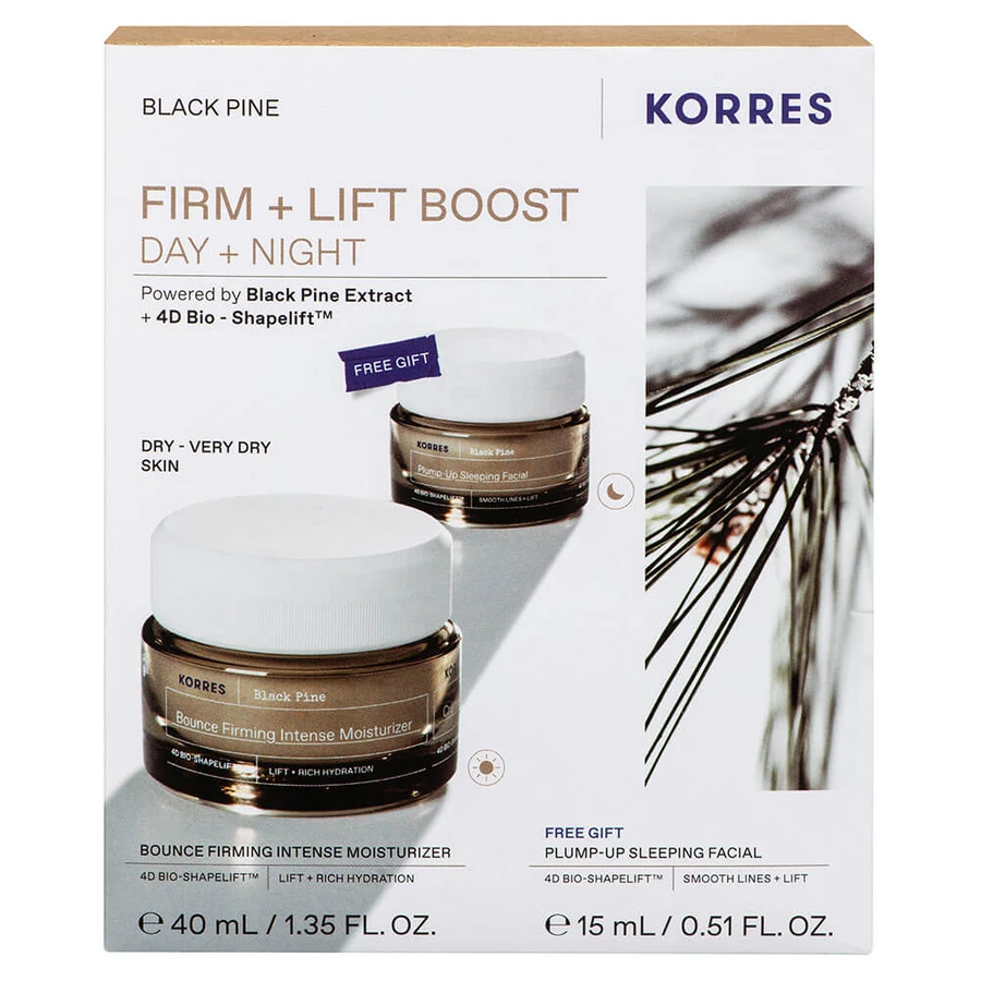 Korres Promo Pakket Zwarte Dennen Dagcrème voor Versteviging & Lifting voor de Droge - Zeer Droge Huid 40ml & GRATIS Nachtcrème voor Versteviging & Lifting 15ml