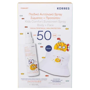Korres Promo Pack Zonnebrandcrème Spray Lichaam & Gezicht Yoghurt SPF50 150ml & GRATIS collectible Kids Bucket Hat
